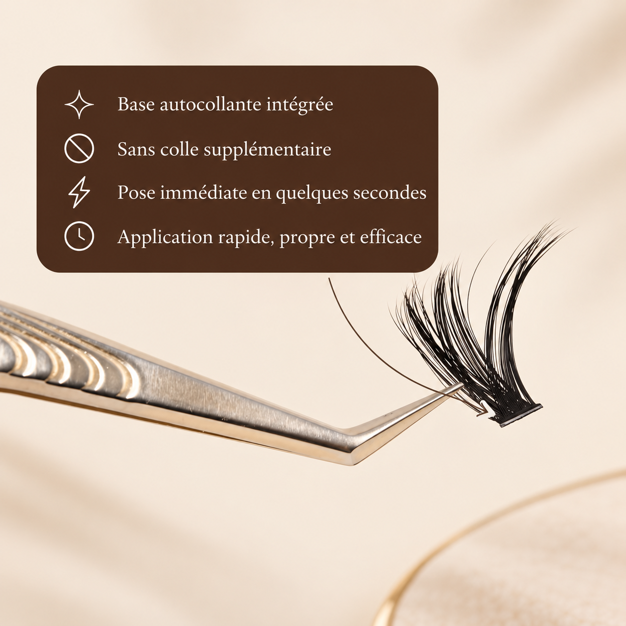 Cils cluster sticky : base autocollante intégrée, sans colle supplémentaire, pose immédiate en quelques secondes