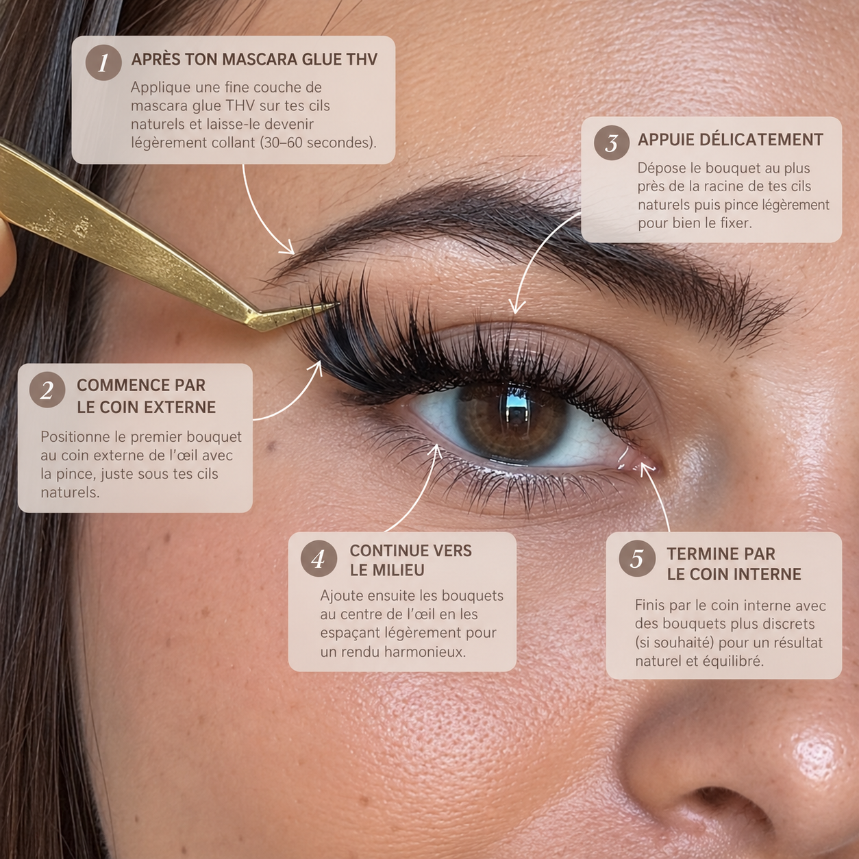 Tuto pose des cils cluster en 5 étapes : mascara glue, coin externe, fixation, milieu de l’œil puis coin interne
