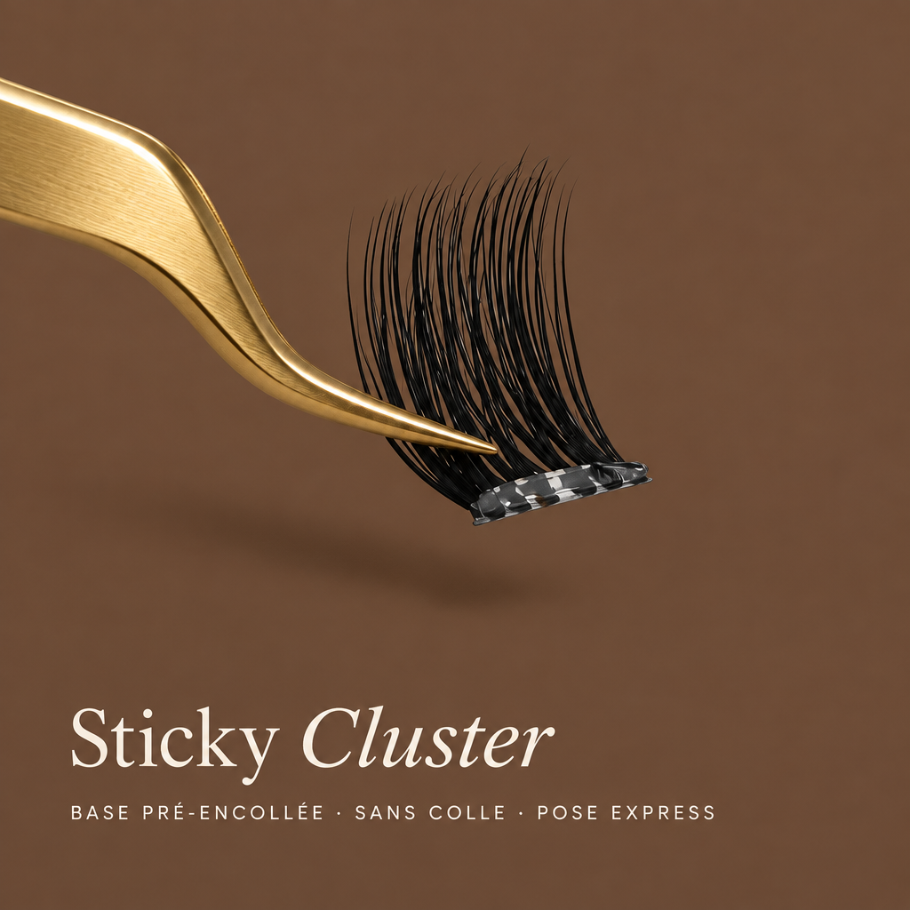 Cluster pré-collé tenu à la pince dorée sur fond chocolat : Sticky Cluster, base pré-encollée sans colle, pose express